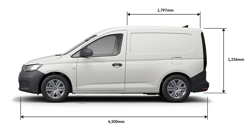 Side profile of a caddy cargo van with dimensions