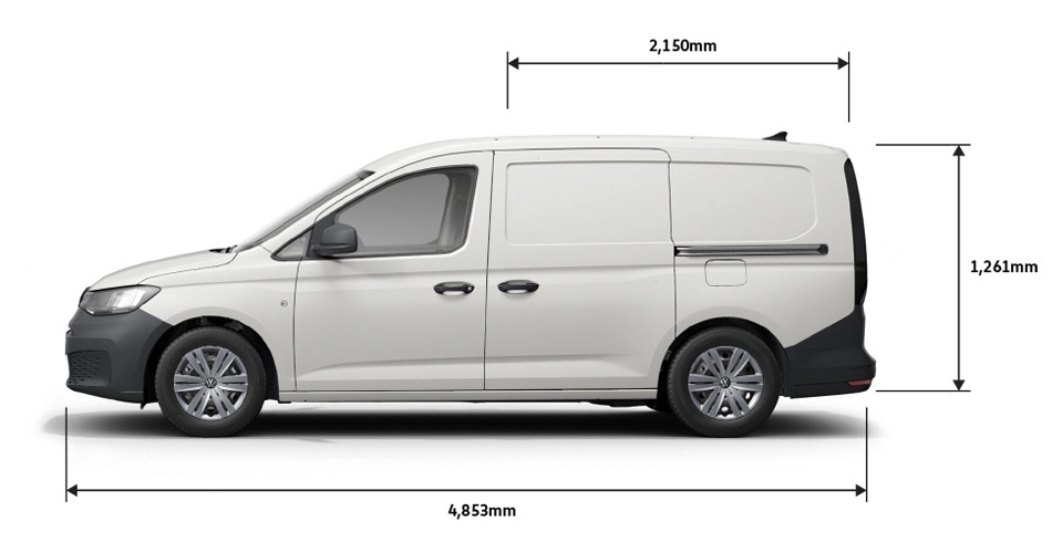 Side profile of a caddy maxi van with dimensions